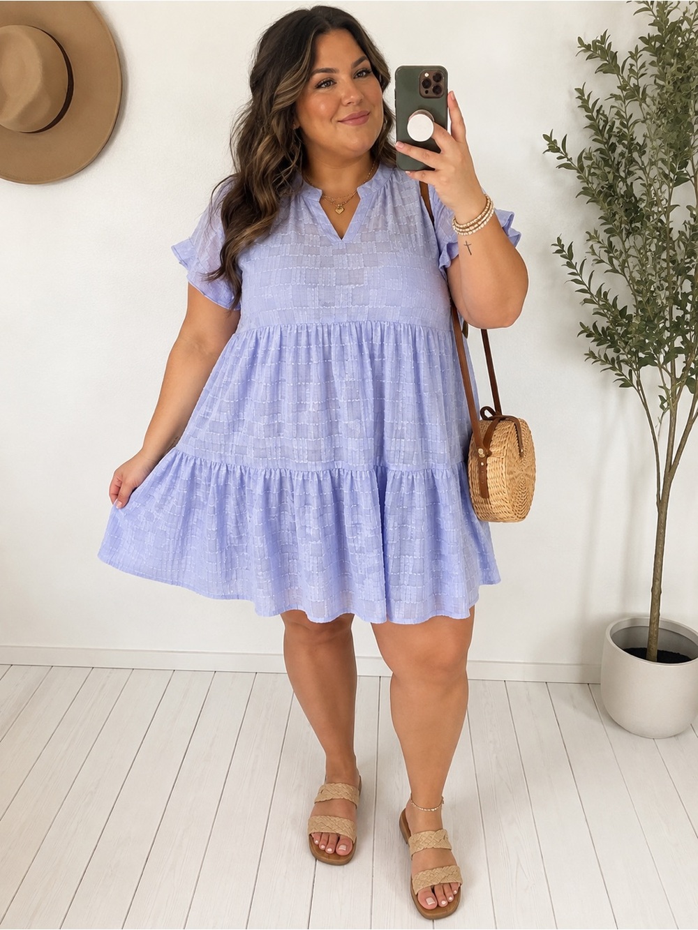 GRACE & EMMA Boutique Dusty Blue Lilac Checkered Babydoll Mini Dress Size 2X New